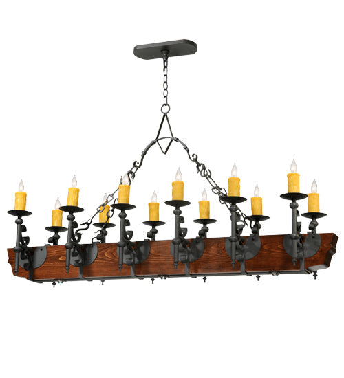 Meyda Lighting Tudor 60" 15-Light Wrought Iron Chandelier With Amber Faux Candlelight