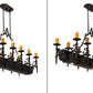 Meyda Lighting Tudor 60" 15-Light Wrought Iron & Wood Grain Island Chandelier With Amber Faux Candlelight