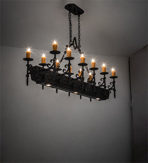 Meyda Lighting Tudor 60" 15-Light Wrought Iron & Wood Grain Island Chandelier With Amber Faux Candlelight