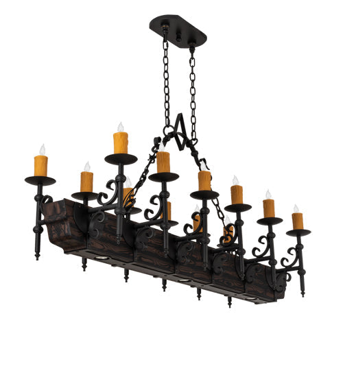 Meyda Lighting Tudor 60" 15-Light Wrought Iron & Wood Grain Island Chandelier With Amber Faux Candlelight