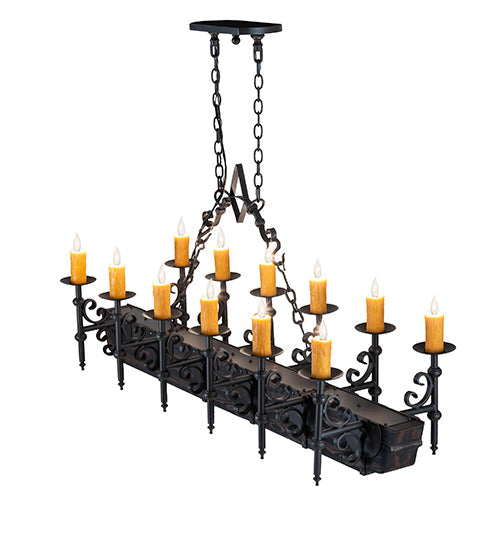Meyda Lighting Tudor 60" 15-Light Wrought Iron & Wood Grain Island Chandelier With Amber Faux Candlelight