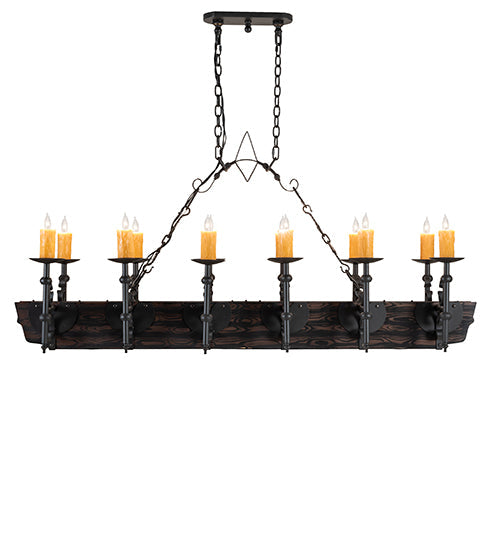 Meyda Lighting Tudor 60" 15-Light Wrought Iron & Wood Grain Island Chandelier With Amber Faux Candlelight