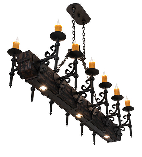 Meyda Lighting Tudor 60" 15-Light Wrought Iron & Wood Grain Island Chandelier With Amber Faux Candlelight