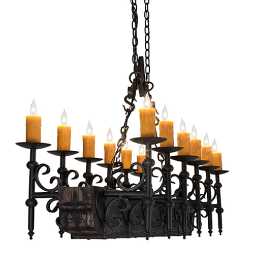 Meyda Lighting Tudor 60" 15-Light Wrought Iron & Wood Grain Island Chandelier With Amber Faux Candlelight