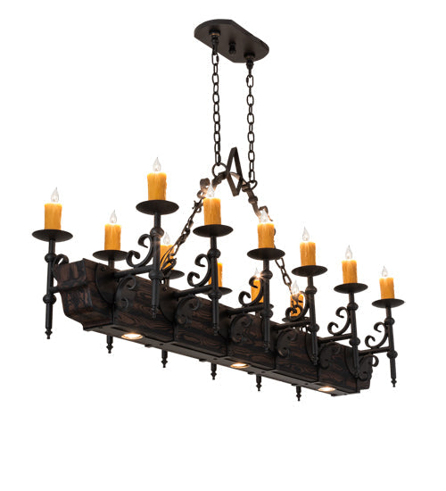 Meyda Lighting Tudor 60" 15-Light Wrought Iron & Wood Grain Island Chandelier With Amber Faux Candlelight