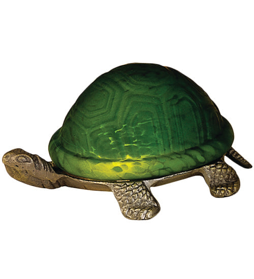 Meyda Lighting Turtle 4" Metal Brass Base Accent Table Lamp With Green Carapace Shade Glass