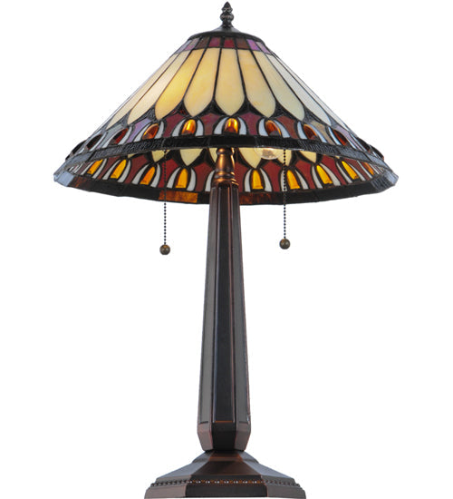 Meyda Lighting Tuscaloosa 25" 2-Light Mahogany Bronze Table Lamp With Multi-Colored Shade Glass