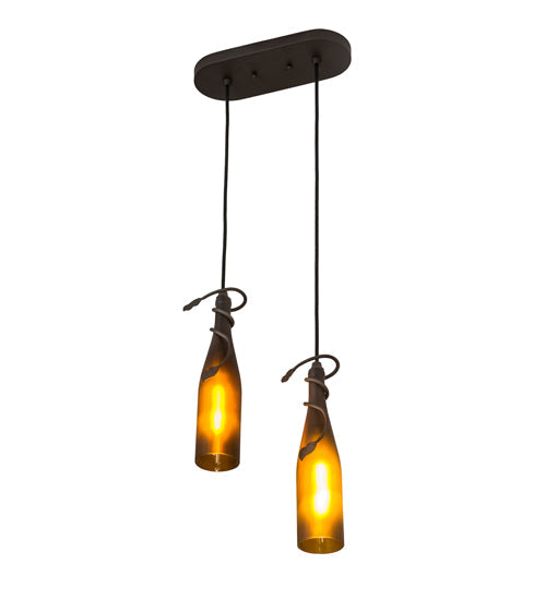 Meyda Lighting Tuscan Vineyard 12" 2-Light Oil Rubbed Bronze Island Pendant Light With Amber Wine Bottle Shade Glass