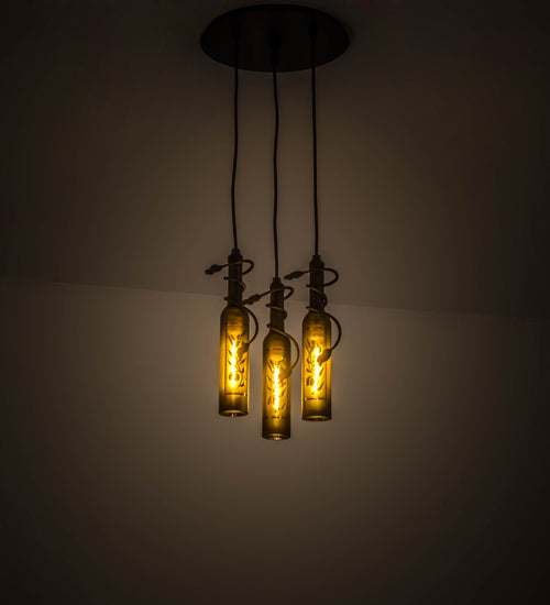 Meyda Lighting Tuscan Vineyard 12" 3-Light Textured Black Olive Branch Cascading Pendant Light With Green Wine Bottle Shade Glass