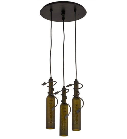 Meyda Lighting Tuscan Vineyard 12" 3-Light Textured Black Olive Branch Cascading Pendant Light With Green Wine Bottle Shade Glass