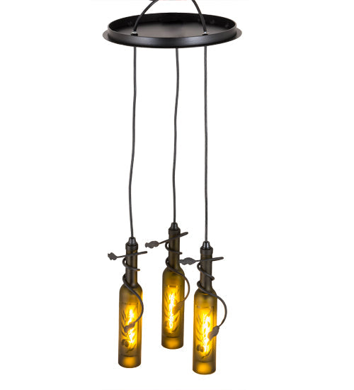 Meyda Lighting Tuscan Vineyard 12" 3-Light Textured Black Olive Branch Cascading Pendant Light With Green Wine Bottle Shade Glass