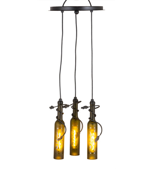 Meyda Lighting Tuscan Vineyard 12" 3-Light Textured Black Olive Branch Cascading Pendant Light With Green Wine Bottle Shade Glass