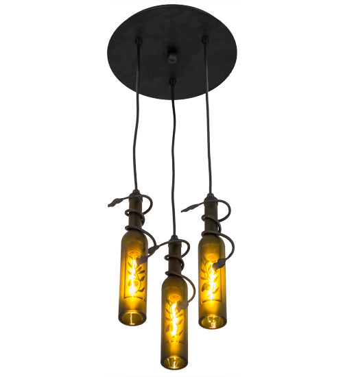 Meyda Lighting Tuscan Vineyard 12" 3-Light Textured Black Olive Branch Cascading Pendant Light With Green Wine Bottle Shade Glass