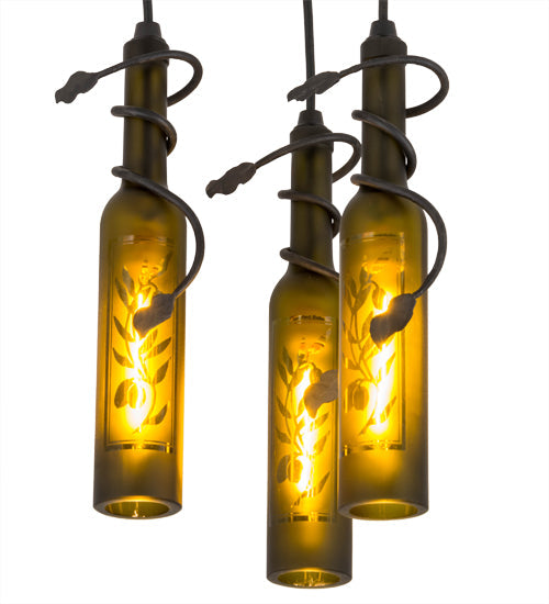 Meyda Lighting Tuscan Vineyard 12" 3-Light Textured Black Olive Branch Cascading Pendant Light With Green Wine Bottle Shade Glass
