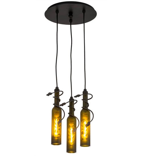 Meyda Lighting Tuscan Vineyard 12" 3-Light Textured Black Olive Branch Cascading Pendant Light With Green Wine Bottle Shade Glass