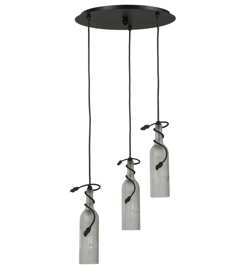 Meyda Lighting Tuscan Vineyard 16" 3-Light Textured Black Cascading Pendant Light With Frosted Clear Etched Grapes Wine Bottle Shade Glass