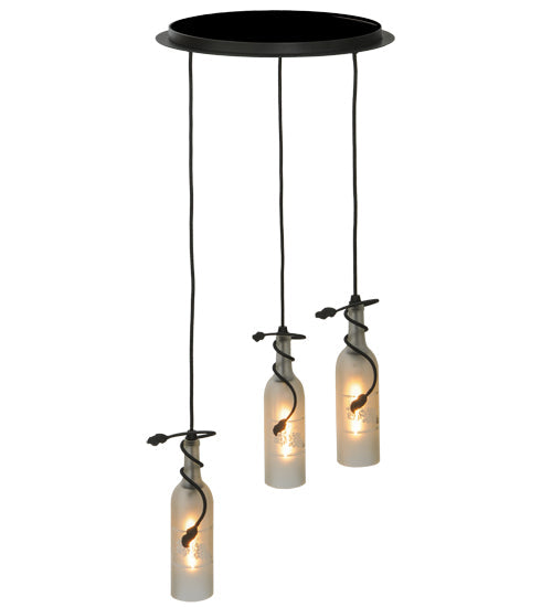 Meyda Lighting Tuscan Vineyard 16" 3-Light Textured Black Cascading Pendant Light With Frosted Clear Etched Grapes Wine Bottle Shade Glass