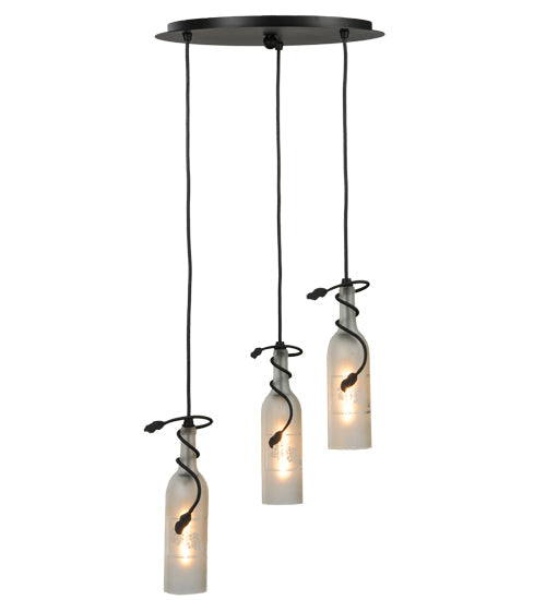 Meyda Lighting Tuscan Vineyard 16" 3-Light Textured Black Cascading Pendant Light With Frosted Clear Etched Grapes Wine Bottle Shade Glass