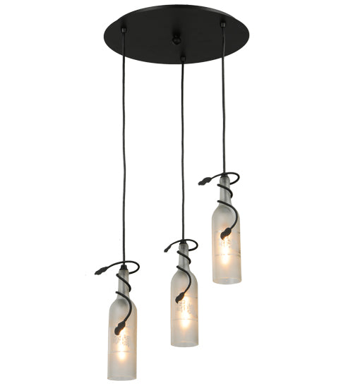 Meyda Lighting Tuscan Vineyard 16" 3-Light Textured Black Cascading Pendant Light With Frosted Clear Etched Grapes Wine Bottle Shade Glass