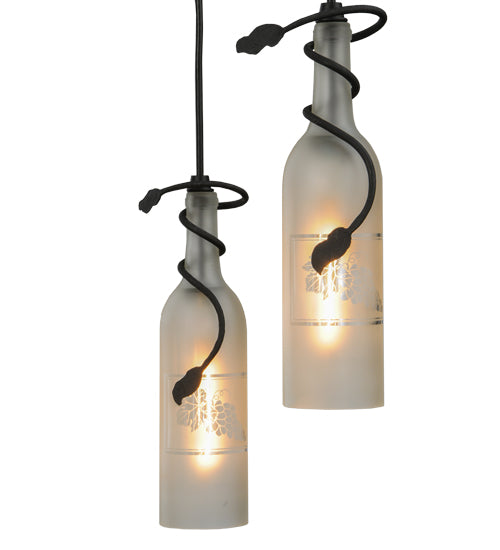 Meyda Lighting Tuscan Vineyard 16" 3-Light Textured Black Cascading Pendant Light With Frosted Clear Etched Grapes Wine Bottle Shade Glass