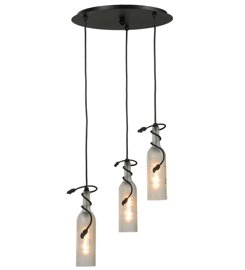 Meyda Lighting Tuscan Vineyard 16" 3-Light Textured Black Cascading Pendant Light With Frosted Clear Etched Grapes Wine Bottle Shade Glass