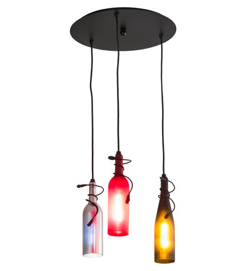 Meyda Lighting Tuscan Vineyard 16" 3-Light Textured Black Cascading Pendant Light With Multi-Colored Wine Bottle Shade Glass