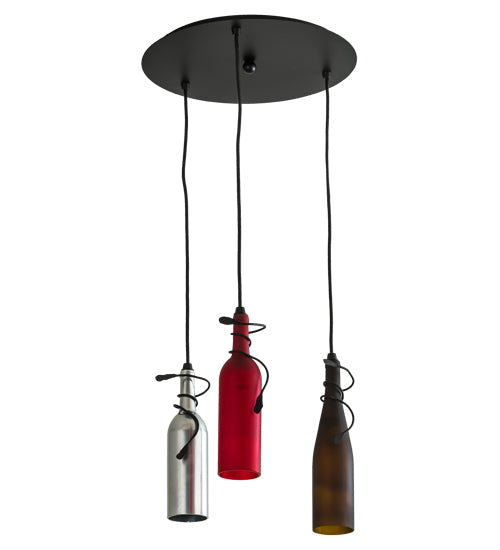 Meyda Lighting Tuscan Vineyard 16" 3-Light Textured Black Cascading Pendant Light With Multi-Colored Wine Bottle Shade Glass