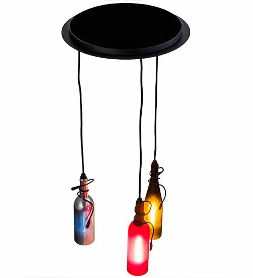 Meyda Lighting Tuscan Vineyard 16" 3-Light Textured Black Cascading Pendant Light With Multi-Colored Wine Bottle Shade Glass