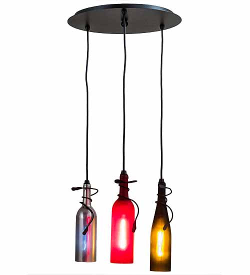 Meyda Lighting Tuscan Vineyard 16" 3-Light Textured Black Cascading Pendant Light With Multi-Colored Wine Bottle Shade Glass