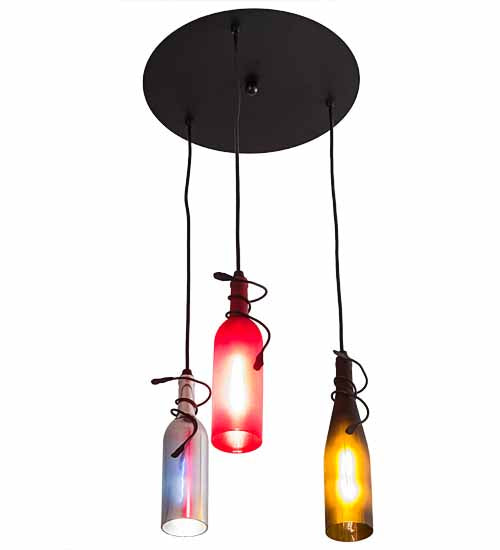 Meyda Lighting Tuscan Vineyard 16" 3-Light Textured Black Cascading Pendant Light With Multi-Colored Wine Bottle Shade Glass