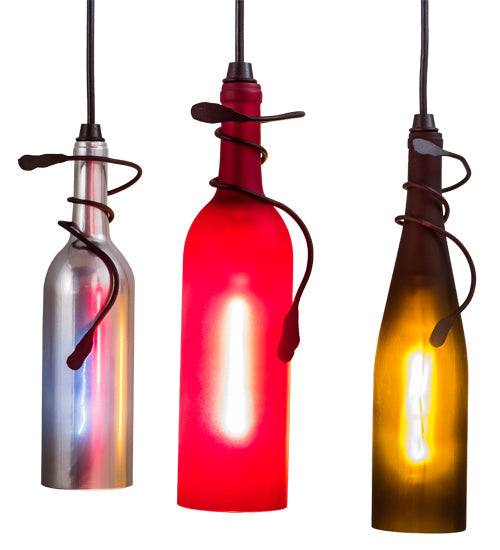 Meyda Lighting Tuscan Vineyard 16" 3-Light Textured Black Cascading Pendant Light With Multi-Colored Wine Bottle Shade Glass