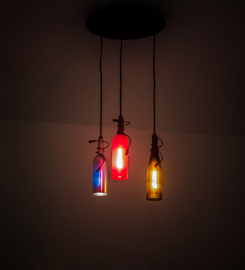 Meyda Lighting Tuscan Vineyard 16" 3-Light Textured Black Cascading Pendant Light With Multi-Colored Wine Bottle Shade Glass