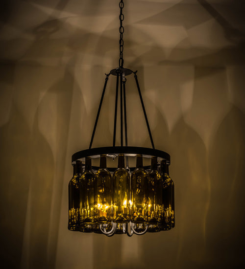 Meyda Lighting Tuscan Vineyard 17" 5-Light Textured Black Estate Chandelier With 16 Antique Green Wine Bottle Shade Glass