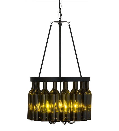 Meyda Lighting Tuscan Vineyard 17" 5-Light Textured Black Estate Chandelier With 16 Antique Green Wine Bottle Shade Glass