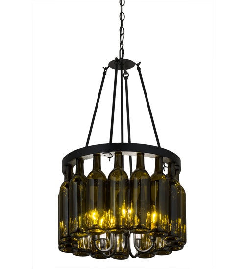 Meyda Lighting Tuscan Vineyard 17" 5-Light Textured Black Estate Chandelier With 16 Antique Green Wine Bottle Shade Glass