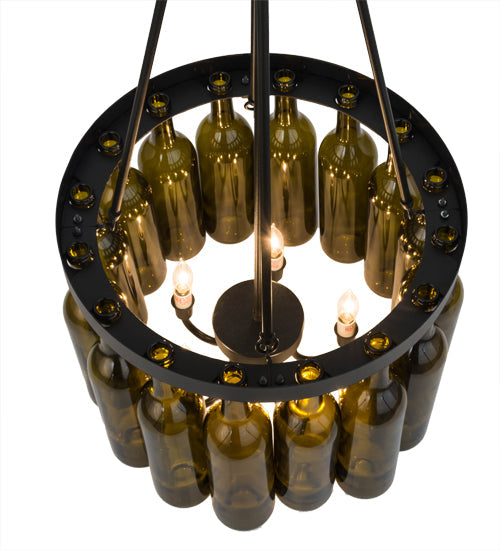 Meyda Lighting Tuscan Vineyard 17" 5-Light Textured Black Estate Chandelier With 16 Antique Green Wine Bottle Shade Glass