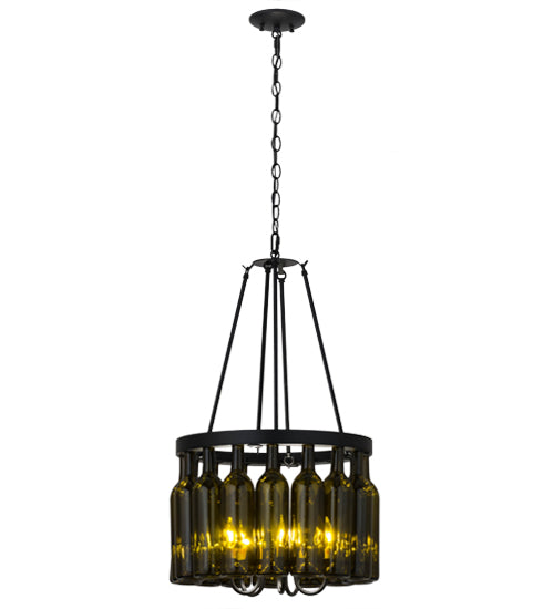 Meyda Lighting Tuscan Vineyard 17" 5-Light Textured Black Estate Chandelier With 16 Antique Green Wine Bottle Shade Glass