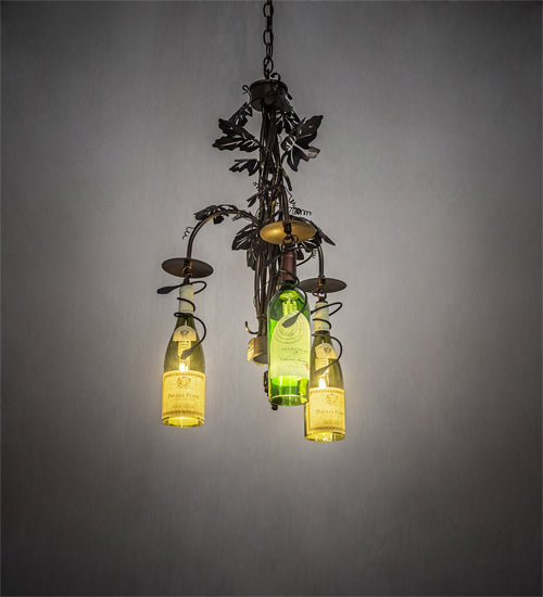 Meyda Lighting Tuscan Vineyard 18" 3-Light Dark Burnished Antique Copper Chandelier With Green & Yellow Wine Bottle Shade Glass