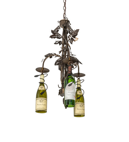 Meyda Lighting Tuscan Vineyard 18" 3-Light Dark Burnished Antique Copper Chandelier With Green & Yellow Wine Bottle Shade Glass