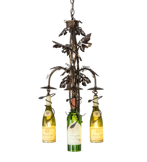 Meyda Lighting Tuscan Vineyard 18" 3-Light Dark Burnished Antique Copper Chandelier With Green & Yellow Wine Bottle Shade Glass