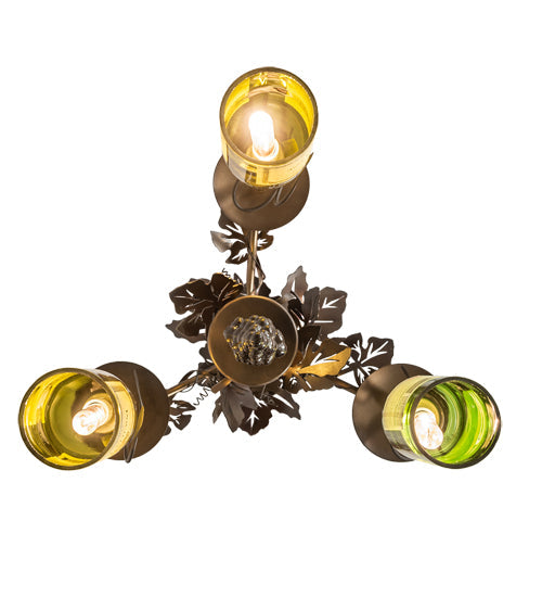 Meyda Lighting Tuscan Vineyard 18" 3-Light Dark Burnished Antique Copper Chandelier With Green & Yellow Wine Bottle Shade Glass