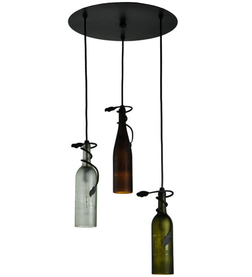 Meyda Lighting Tuscan Vineyard 18" 3-Light Textured Black Cascading Pendant Light With Multi-Colored Wine Bottle Shade Glass