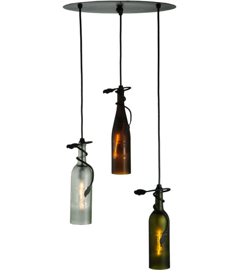 Meyda Lighting Tuscan Vineyard 18" 3-Light Textured Black Cascading Pendant Light With Multi-Colored Wine Bottle Shade Glass