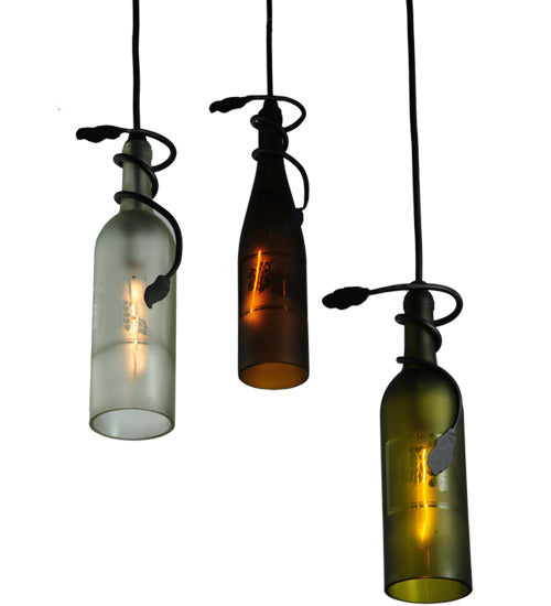 Meyda Lighting Tuscan Vineyard 18" 3-Light Textured Black Cascading Pendant Light With Multi-Colored Wine Bottle Shade Glass