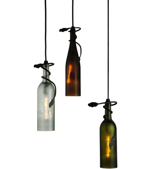 Meyda Lighting Tuscan Vineyard 18" 3-Light Textured Black Cascading Pendant Light With Multi-Colored Wine Bottle Shade Glass