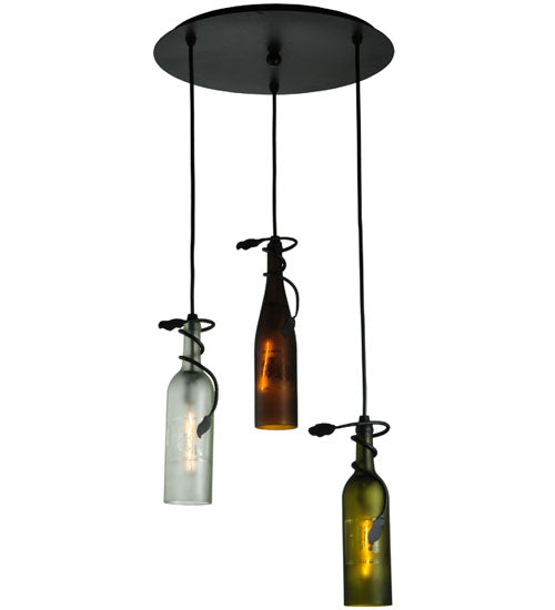 Meyda Lighting Tuscan Vineyard 18" 3-Light Textured Black Cascading Pendant Light With Multi-Colored Wine Bottle Shade Glass