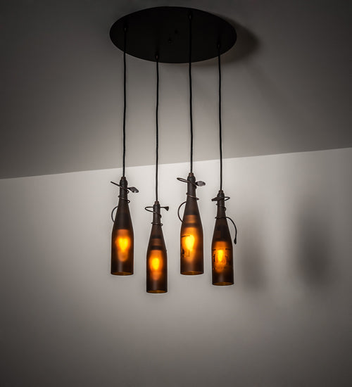 Meyda Lighting Tuscan Vineyard 18" 4-Light Mahogany Bronze Cascading Pendant Light With Amber Wine Bottle Shade Glass