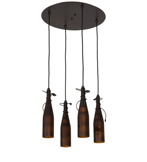 Meyda Lighting Tuscan Vineyard 18" 4-Light Mahogany Bronze Cascading Pendant Light With Amber Wine Bottle Shade Glass