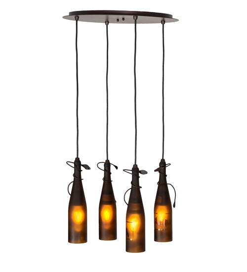 Meyda Lighting Tuscan Vineyard 18" 4-Light Mahogany Bronze Cascading Pendant Light With Amber Wine Bottle Shade Glass