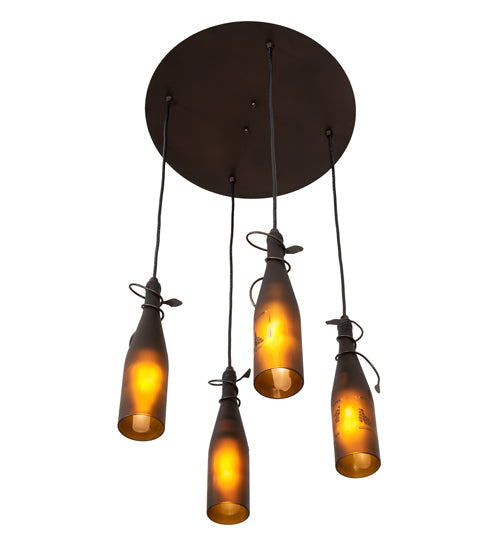 Meyda Lighting Tuscan Vineyard 18" 4-Light Mahogany Bronze Cascading Pendant Light With Amber Wine Bottle Shade Glass